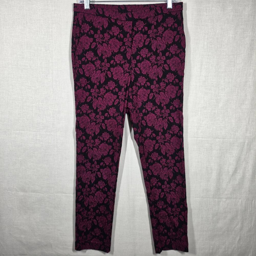 Jules Leopold Floral Ankle Pants Womens Medium Burgundy Black Rose
